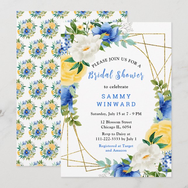Invitation Fleurs bleues et jaunes avec feuillage pour la dou (Devant / Derrière)