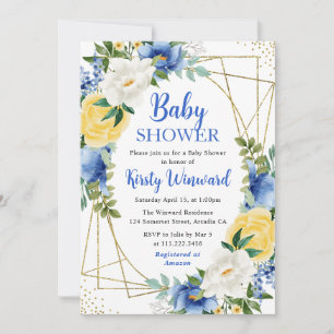Invitation Fleurs bleues et jaunes Baby Shower cadre doré