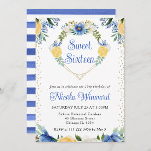Invitation Fleurs bleues et jaunes Coeur Wreath Sweet 16