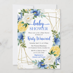 Invitation Fleurs bleues et jaunes et Baby shower cadre or