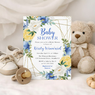 Invitation Fleurs bleues et jaunes et cadre doré : Baby Showe
