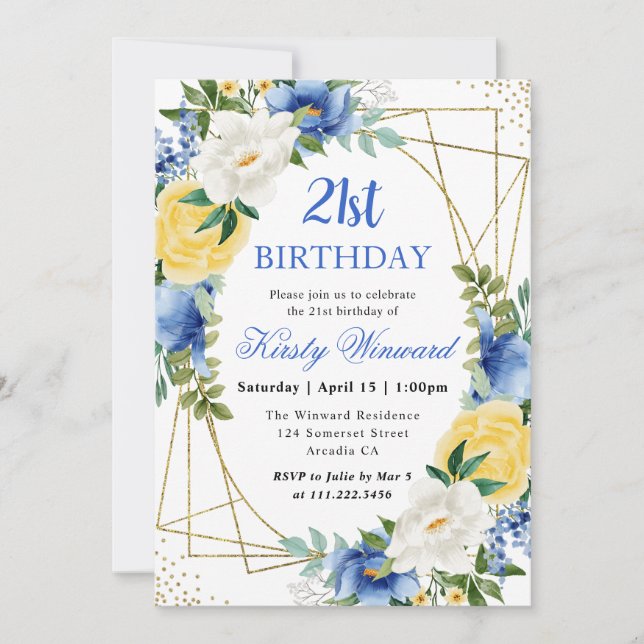 Invitation Fleurs bleues et jaunes Gold Frame 21e anniversair (Devant)