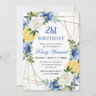 Invitation Fleurs bleues et jaunes Gold Frame 21e anniversair
