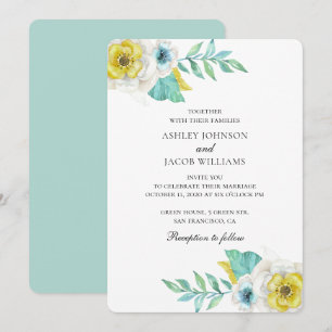 Invitation Fleurs bleues et jaunes. Mariage botanique à la me