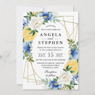 Invitation Fleurs bleues et jaunes Mariage cadre doré