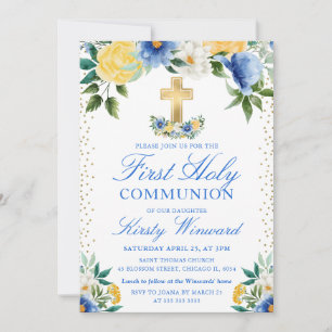 Invitation Fleurs bleues et jaunes Première communion sainte