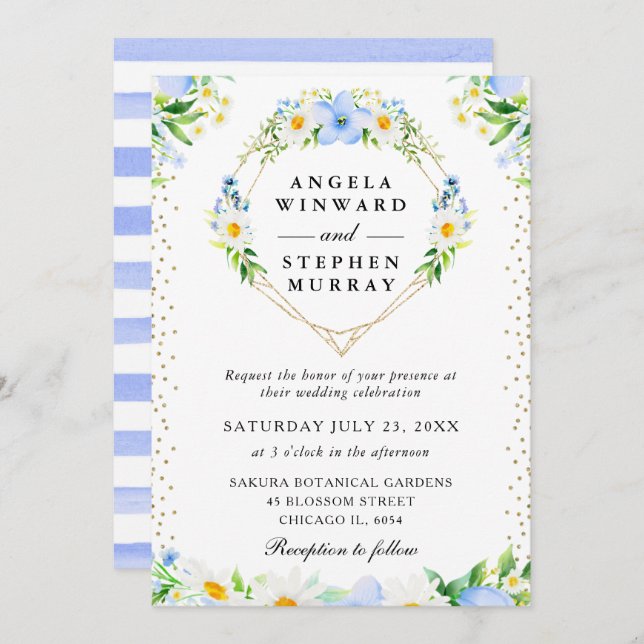 Invitation Fleurs bleues et marguerites Mariage de couronne (Devant / Derrière)