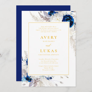 Invitation Fleurs bleues et Mariage jaune de la marine modern