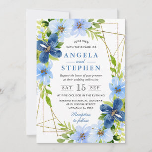 Invitation Fleurs bleues et marine Cadre doré Mariage