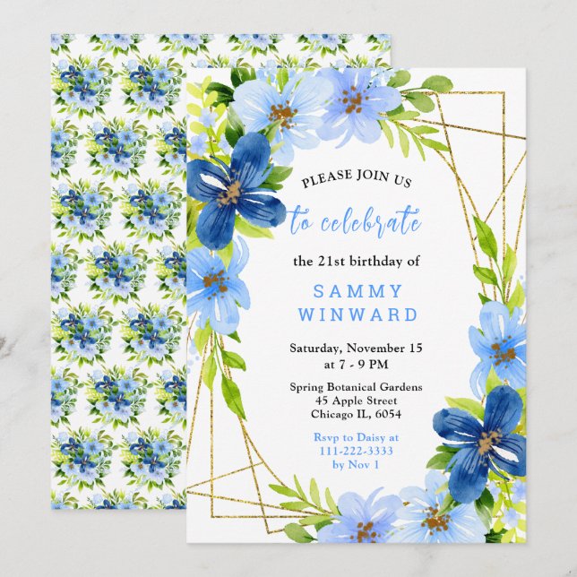 Invitation Fleurs bleues et navy avec feuillage pour annivers (Devant / Derrière)