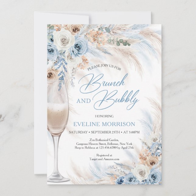 Invitation Fleurs bleues et pampas brunch et mousseux (Devant)