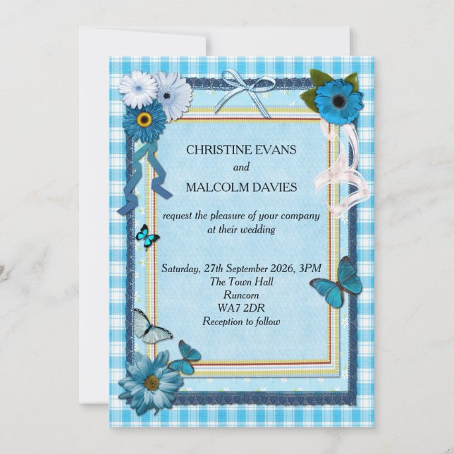 Invitation Fleurs bleues et papillons (Devant)