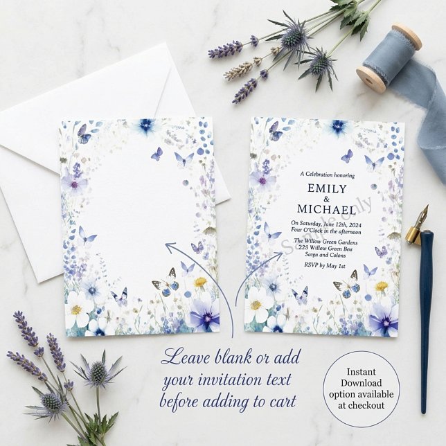 Invitation Fleurs bleues et papillons mariage vierge (Créateur téléchargé)