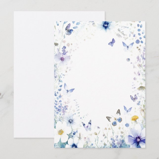 Invitation Fleurs bleues et papillons mariage vierge (Devant / Derrière)