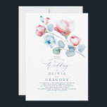 Invitation Fleurs bleues et roses Dusty Mariage élégant<br><div class="desc">Notre invitation aux fleurs d'aquarelle est un moyen discret et romantique d'invitation vos invités à votre grand jour. Ce design floral est parfait pour un mariage de printemps, d'été ou d'hiver. Avec des pétales d'aquarelle rose aérée et des branches d'eucalyptus bleu poussiéreux - il est doux et doux et fait...</div>