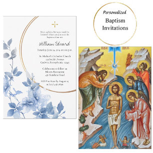 Invitation Fleurs Bleues Éthérées Baptême Chrétien Orthodoxe
