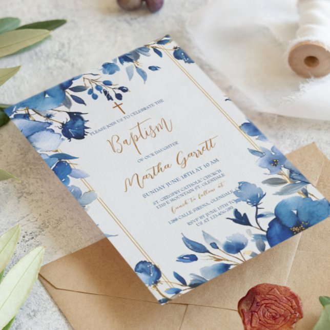 Invitation Fleurs Bleues Fille Baptême Floral (Créateur téléchargé)