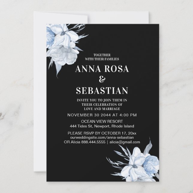 Invitation *~* Fleurs bleues Floral AR15 MARIAGE Rose RSVP + (Devant)