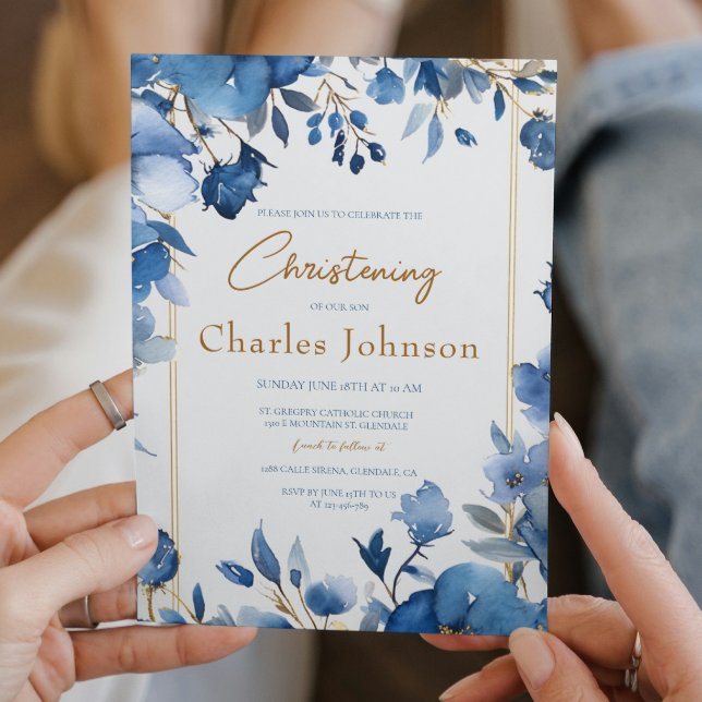 Invitation Fleurs Bleues Garçon Floral Christening (Créateur téléchargé)