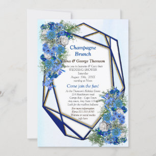 Invitation Fleurs bleues géométriques Gold-Navy Couple Douche