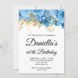 Invitation Fleurs bleues Glam à huile or 60e anniversaire