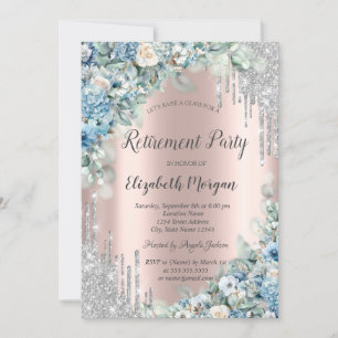 Invitation Fleurs Bleues Gouttes de Paillettes Argentées Retr