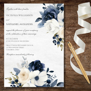 Invitation Fleurs bleues hivernales sur mariage blanc marbré 