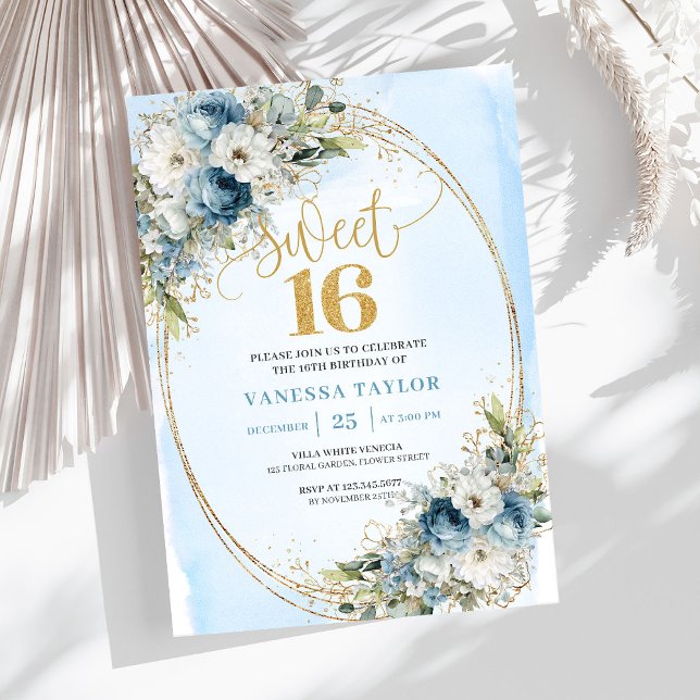 Invitation Fleurs Bleues Intemporelles pour les 16 Ans  (Timeless Dusty Blue Floral Sweet 16th Birthday Invite)