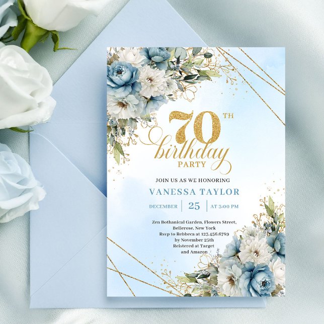 Invitation Fleurs bleues intemporelles poussiéreuses cadre do (Timeless dusty blue florals gold frame 70th birthday

)