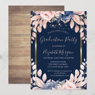 Invitation Fleurs bleues,Lumières, Bois, Fête de fin d'études