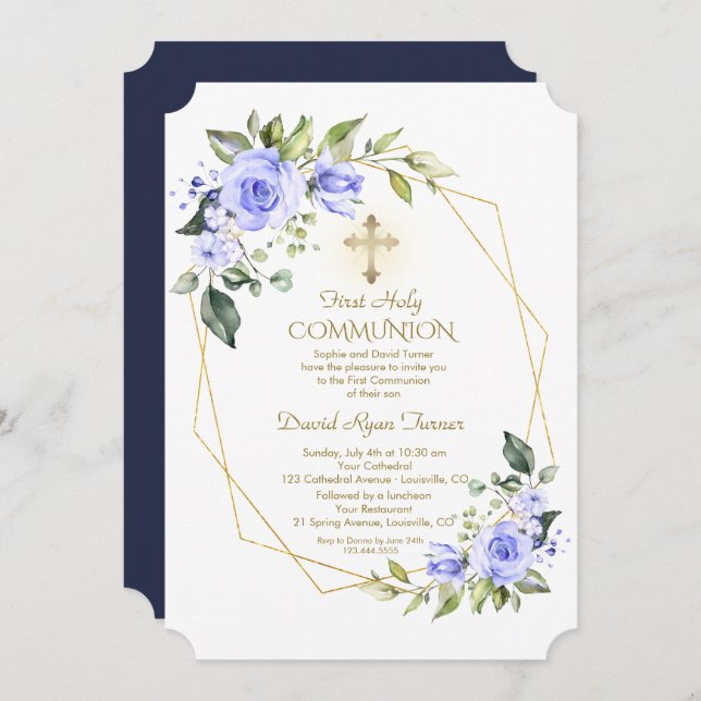 Invitation Fleurs Bleues Luxe Cadre Or Sainte Communion (Devant / Derrière)
