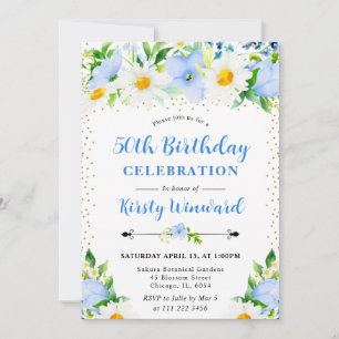 Invitation Fleurs bleues & marguerites Photo 50e anniversaire
