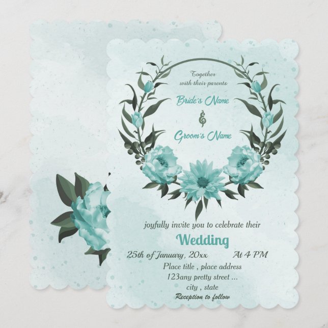 Invitation fleurs bleues mariage (Devant / Derrière)