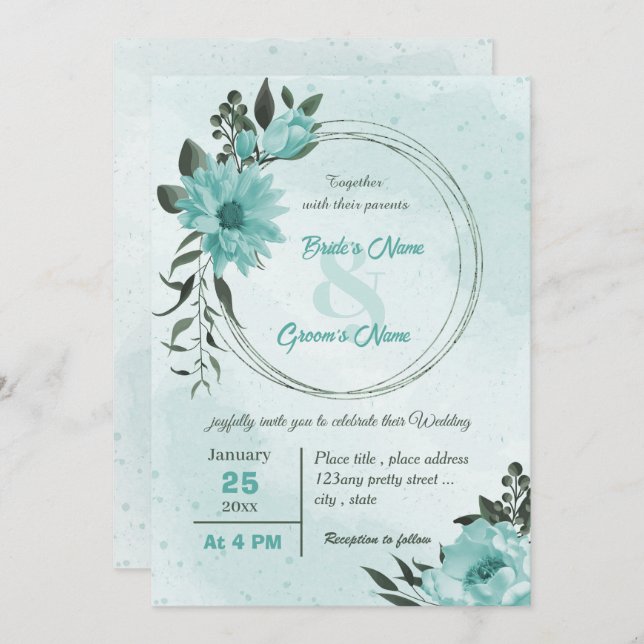 Invitation fleurs bleues mariage (Devant / Derrière)