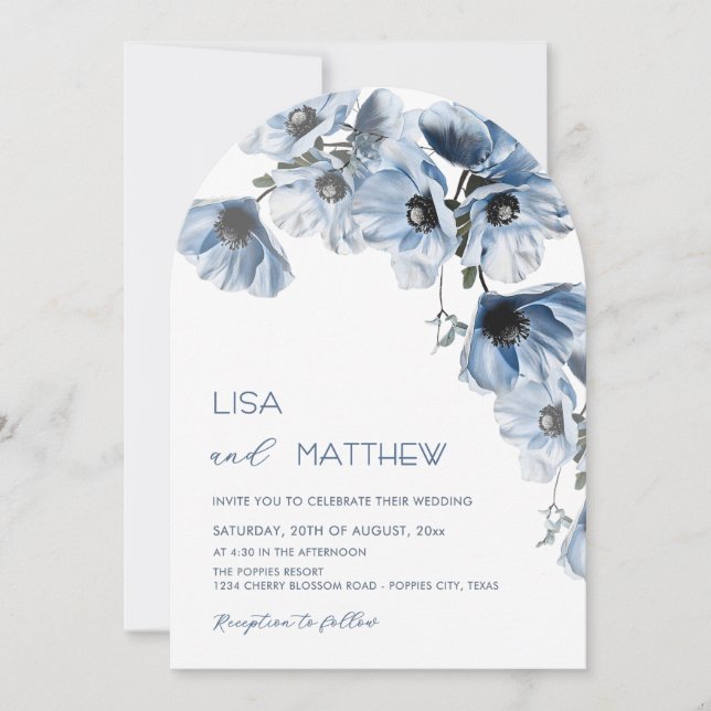 Invitation Fleurs Bleues Mariage Casual Blanc (Devant)