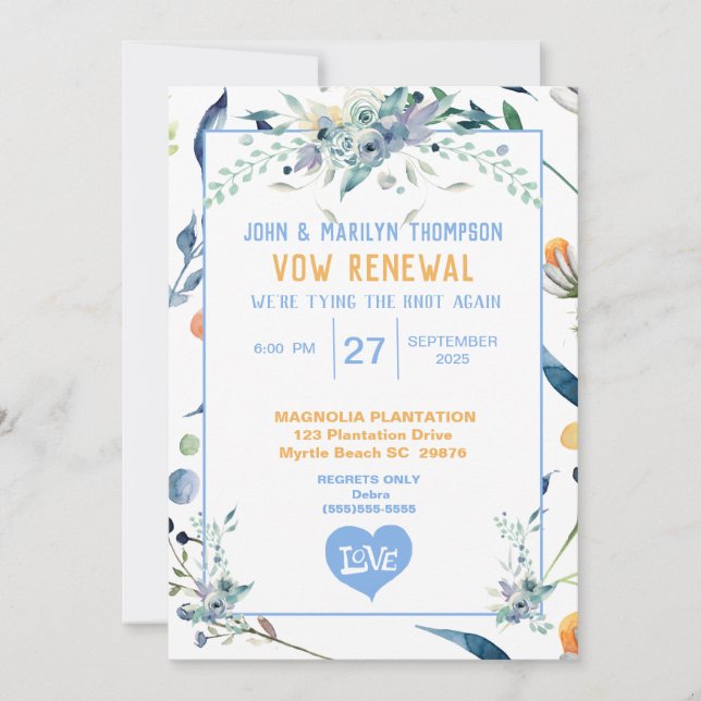 Invitation Fleurs bleues Mariage Vow Renouvellement Invitatio (Devant)