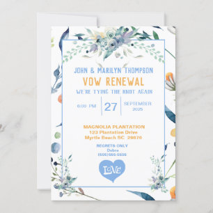 Invitation Fleurs bleues Mariage Vow Renouvellement Invitatio