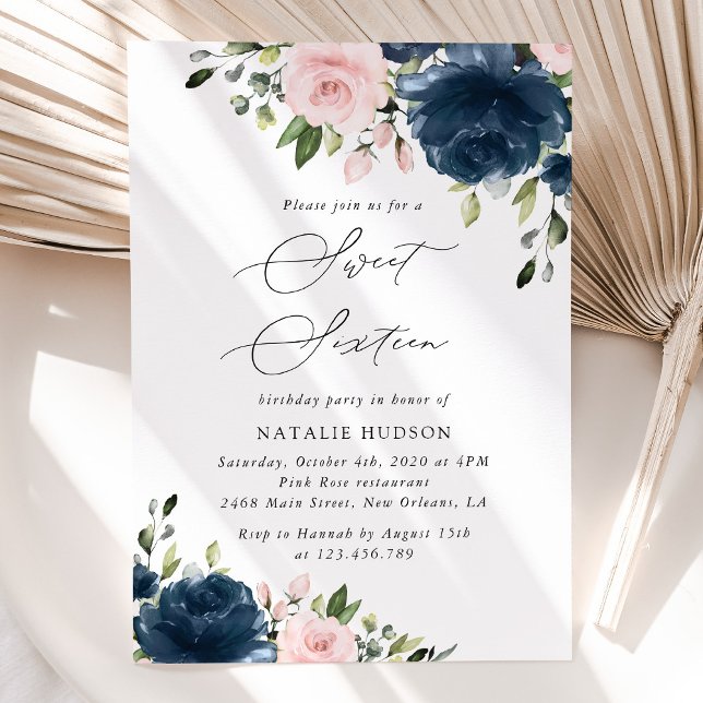 Invitation Fleurs Bleues Marine, Fleurs Roses, Boho, Sweet 16 (Créateur téléchargé)