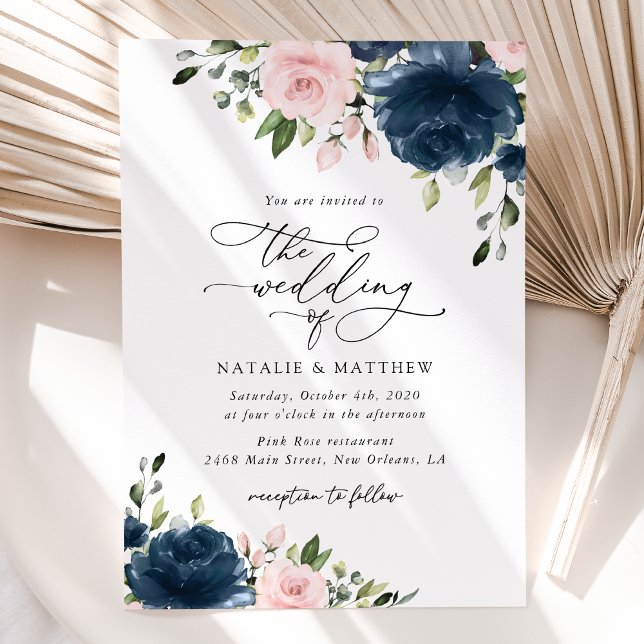 Invitation Fleurs Bleues Marine, Fleurs Roses, Mariage Floral (Créateur téléchargé)