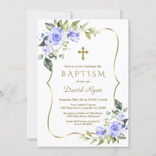 Invitation Fleurs bleues modernes Croix d'or Cadre garçon Bap