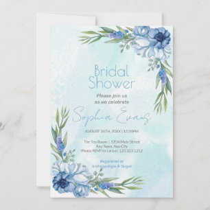 Invitation Fleurs bleues modernes Fête des mariées bleu clair