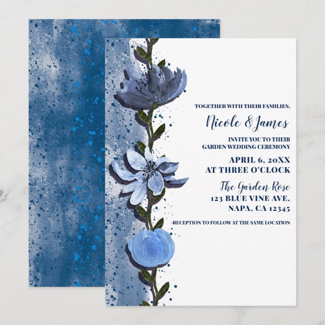 Invitation Fleurs Bleues Modernes Mariage Aquarelle Florale (Devant / Derrière)
