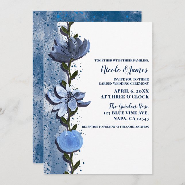 Invitation Fleurs bleues modernes Mariage d'aquarelle fleurie (Devant / Derrière)