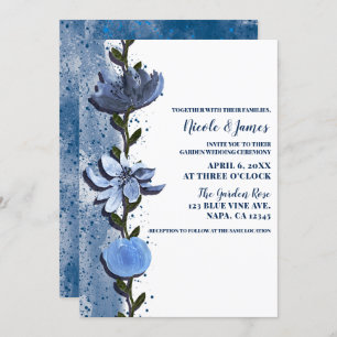 Invitation Fleurs bleues modernes Mariage d'aquarelle fleurie