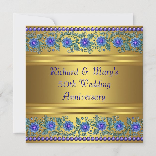 Invitation Fleurs bleues Or 50e anniversaire Mariage (Devant)
