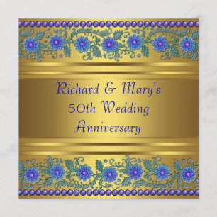Invitation Fleurs bleues Or 50e anniversaire Mariage