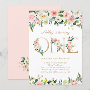 Invitation Fleurs bleues Or ONE Floral Premier anniversaire