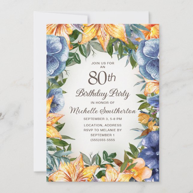 Invitation Fleurs bleues oranges 80e anniversaire (Devant)