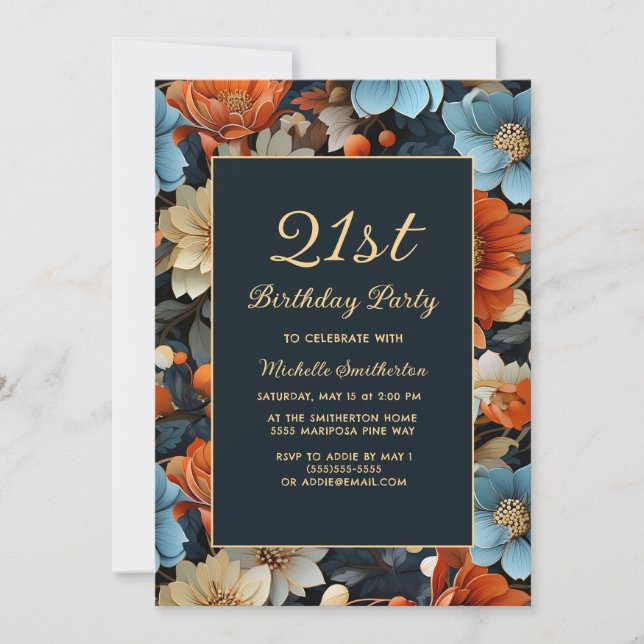 Invitation Fleurs bleues oranges pour anniversaire tout âge (Devant)