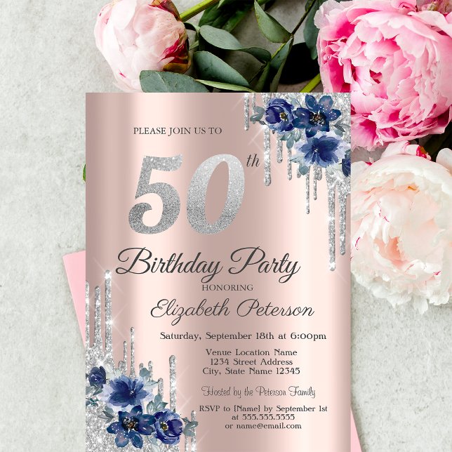 Invitation Fleurs Bleues Paillettes Gouttes Rose Gold 50e Ann (Créateur téléchargé)